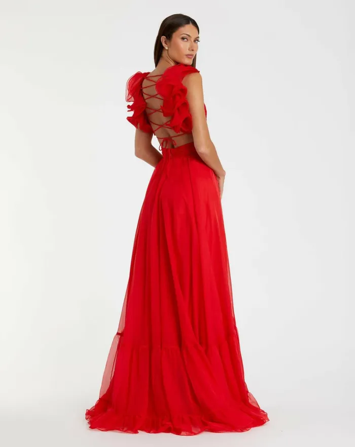 Women Evening Gowns Mac Duggal Ruffle Tiered CutOut Chiffon Gown Black