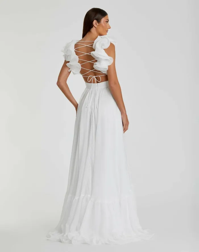 Women Evening Gowns Mac Duggal Ruffle Tiered CutOut Chiffon Gown Black