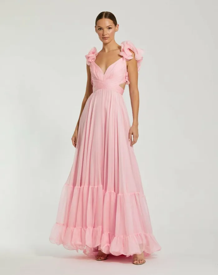Women Evening Gowns Mac Duggal Ruffle Tiered CutOut Chiffon Gown Black