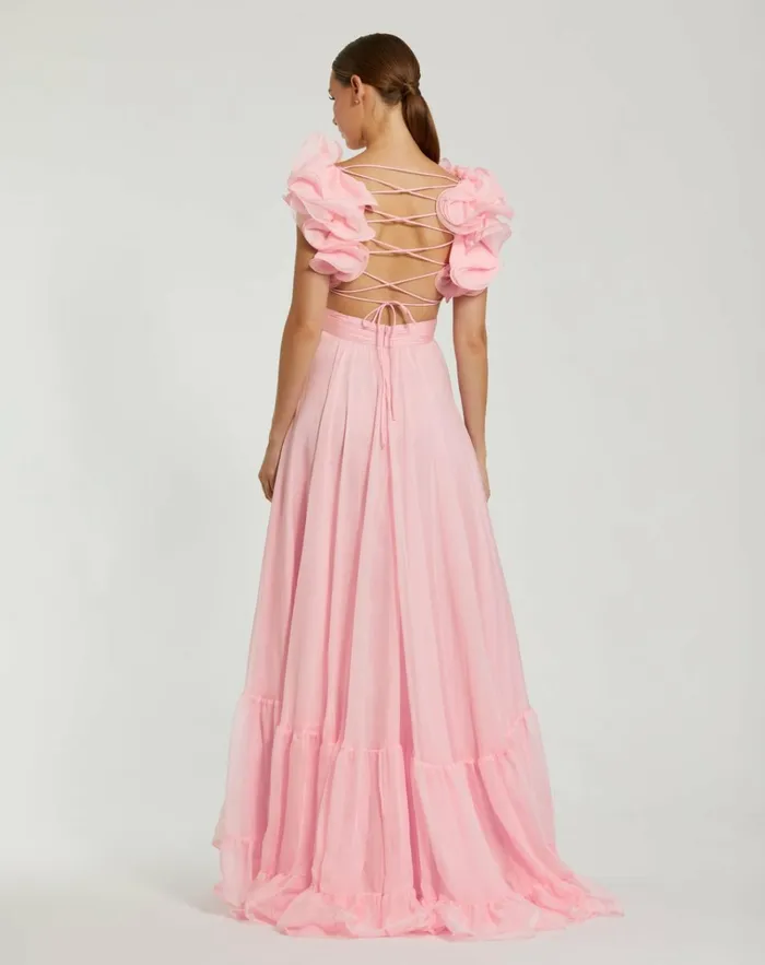 Women Evening Gowns Mac Duggal Ruffle Tiered CutOut Chiffon Gown Black
