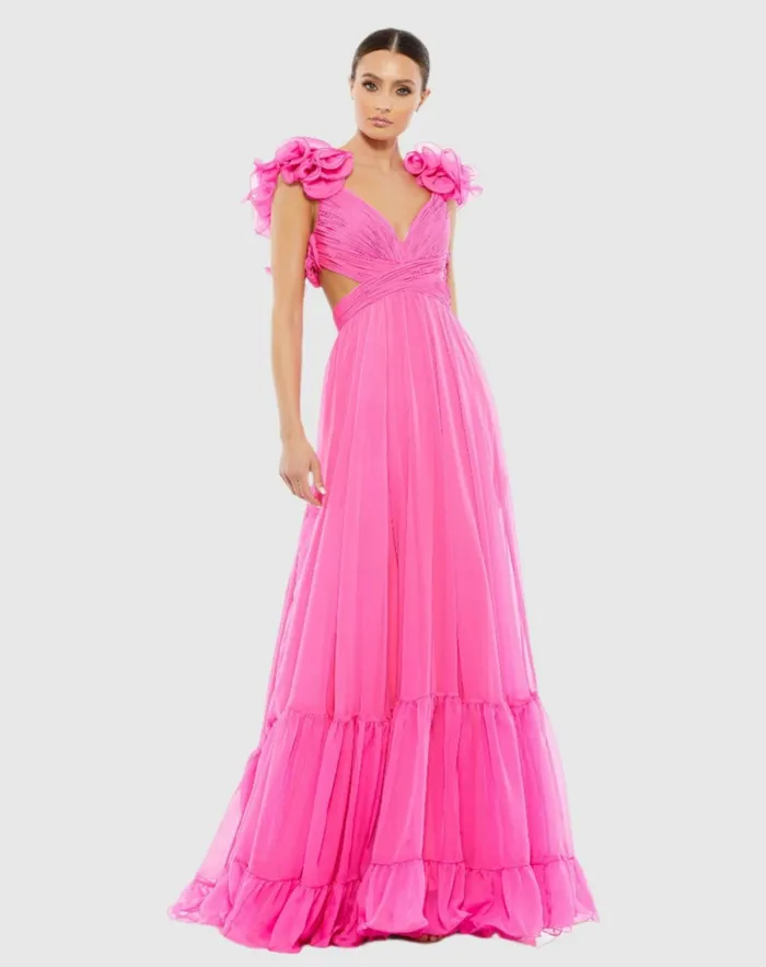 Women Evening Gowns Mac Duggal Ruffle Tiered CutOut Chiffon Gown Black