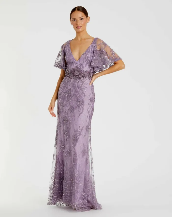Women Evening Gowns Mac Duggal Vintage Flutter Sleeve Evening Gown Vintage Lilac