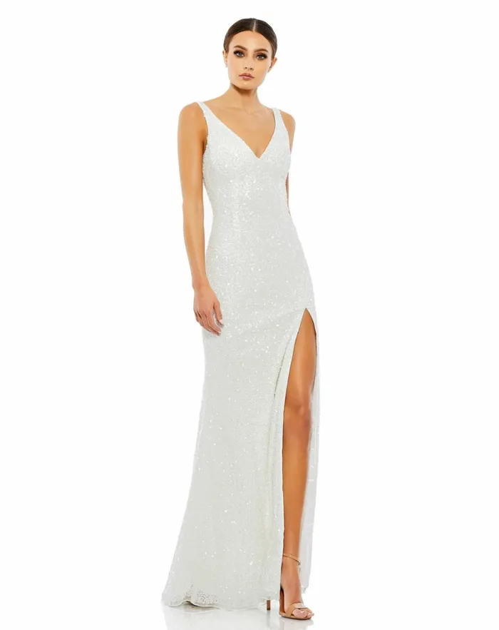 Women Evening Gowns Mac Duggal White Sequined Sleeveless V Neck Side Slit Gown Ivory