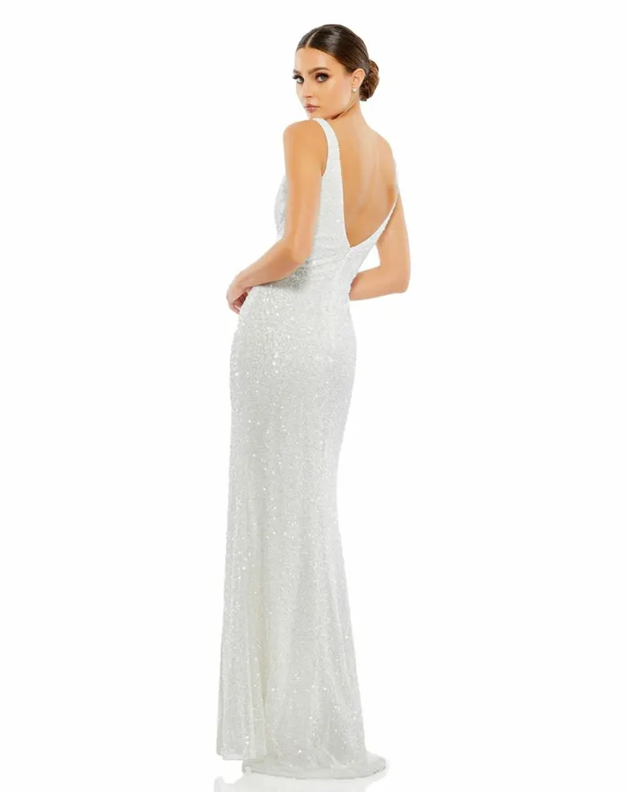 Women Evening Gowns Mac Duggal White Sequined Sleeveless V Neck Side Slit Gown Ivory
