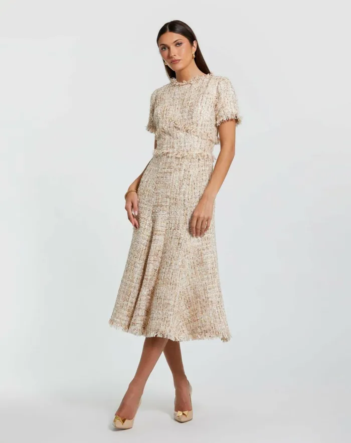 Women Every Day Dresses Mac Duggal Boucle Short Sleeve A Line Midi Dress Blush