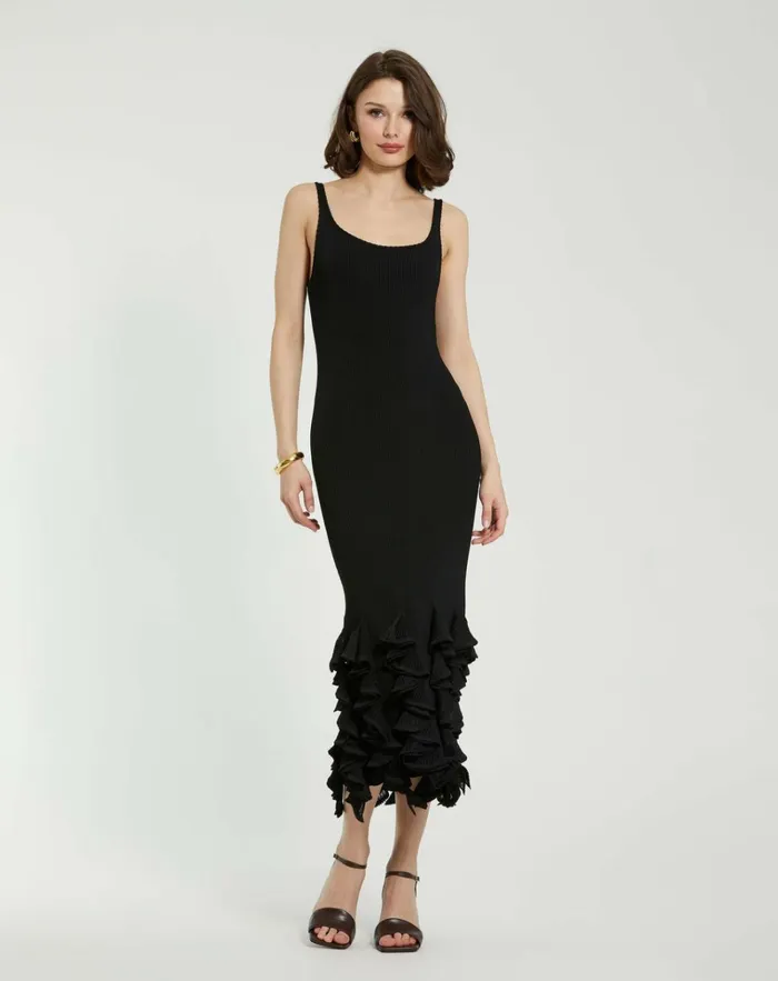 Women Every Day Dresses Mac Duggal Rib Knit Sleeveless Midi Dress With Ruffle Hem Black
