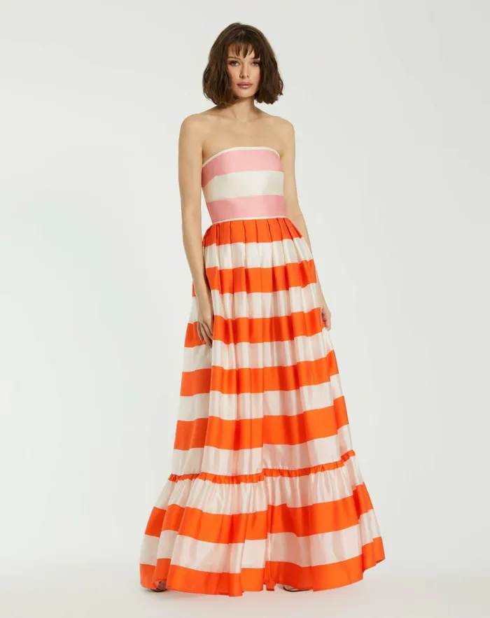Women Every Day Dresses Mac Duggal Striped Organza Strapless Ruffle Maxi Dress Sunset