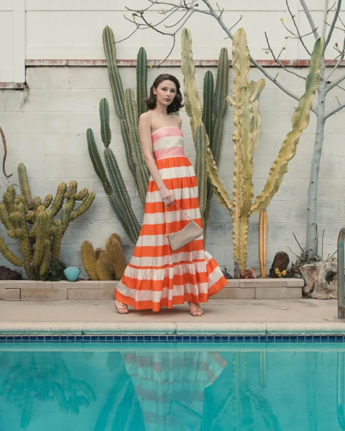 Women Every Day Dresses Mac Duggal Striped Organza Strapless Ruffle Maxi Dress Sunset