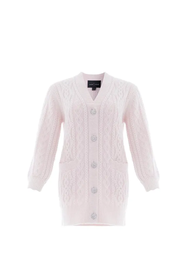 Women Exclusives Needle and Thread Cable Jewelled Button Longline Cardigan Pink