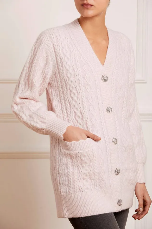 Women Exclusives Needle and Thread Cable Jewelled Button Longline Cardigan Pink