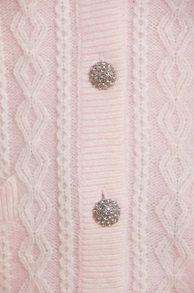 Women Exclusives Needle and Thread Cable Jewelled Button Longline Cardigan Pink