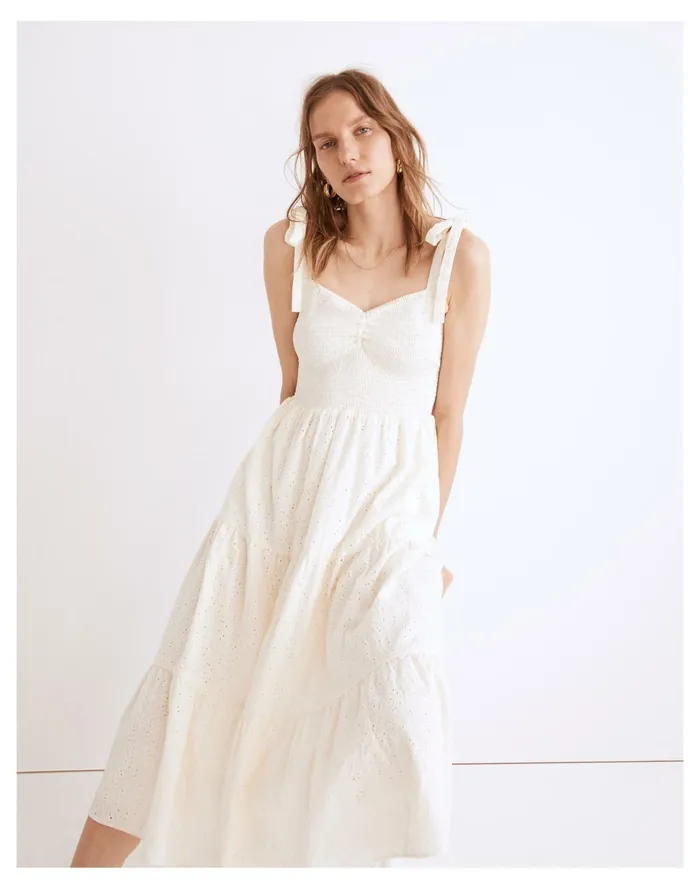 Women Eyelet Lucie Tie Strap Tiered Midi Dress Lighthouse Madewell Dresses