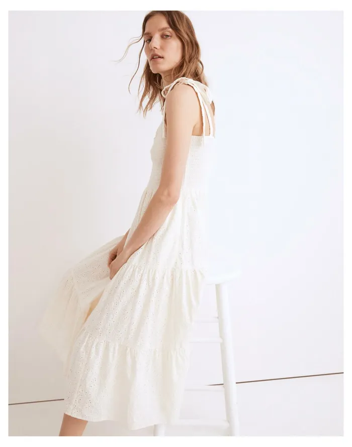 Women Eyelet Lucie Tie Strap Tiered Midi Dress Lighthouse Madewell Dresses Women Eyelet Lucie Tie Strap Tiered Midi Dress Lighthouse Madewell Dresses