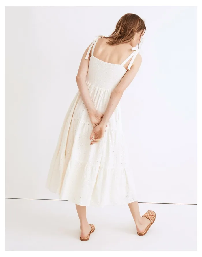 Women Eyelet Lucie Tie Strap Tiered Midi Dress Lighthouse Madewell Dresses Women Eyelet Lucie Tie Strap Tiered Midi Dress Lighthouse Madewell Dresses