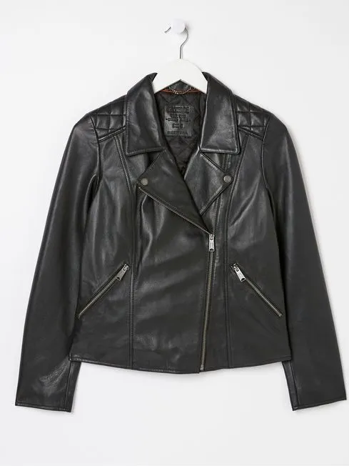 Women Fatface Coats and Jackets Bethany Black Quilted Biker Jacket
