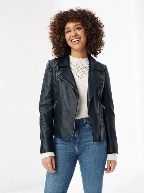 Women Fatface Coats and Jackets Black Leather Bethany Biker Jacket