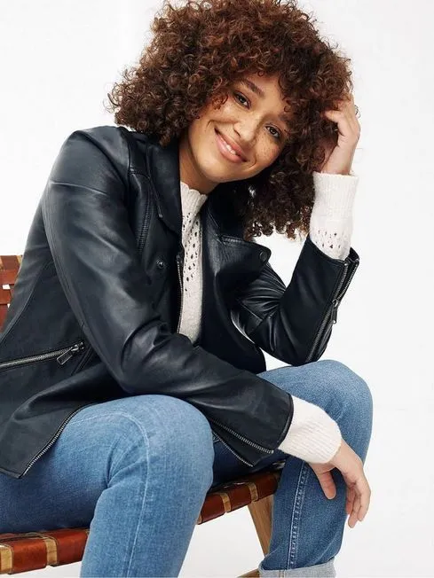 Women Fatface Coats and Jackets Black Leather Bethany Biker Jacket