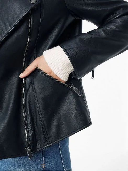 Women Fatface Coats and Jackets Black Leather Bethany Biker Jacket