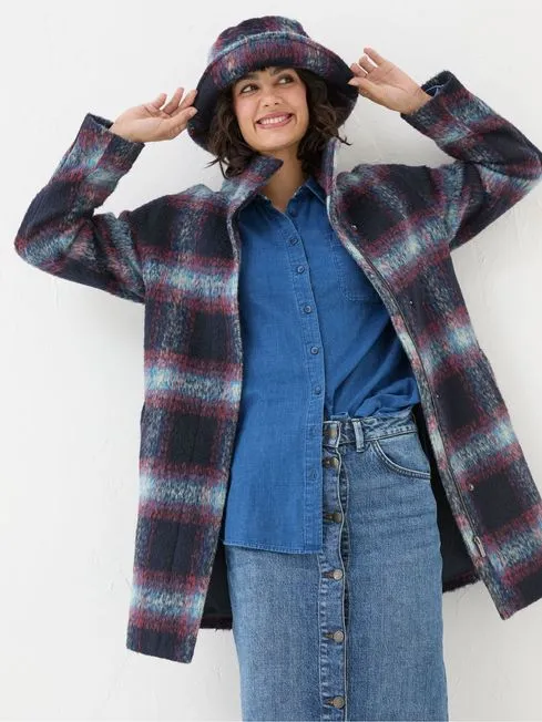Women Fatface Coats and Jackets Freya Blue Wool Blend Check Coat