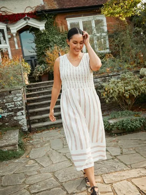 Women Fatface Dresses Aria Natural Stripe Midi Dress With Linen