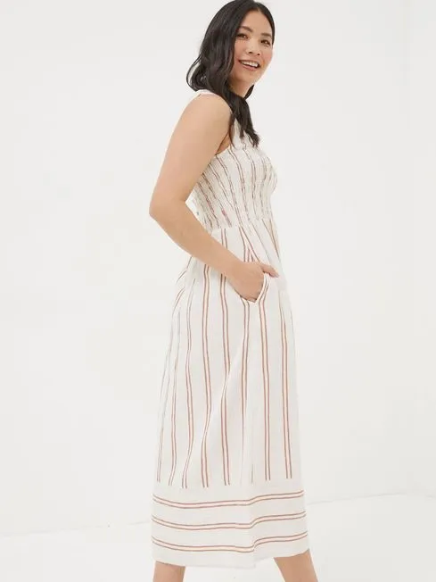 Women Fatface Dresses Aria Natural Stripe Midi Dress With Linen