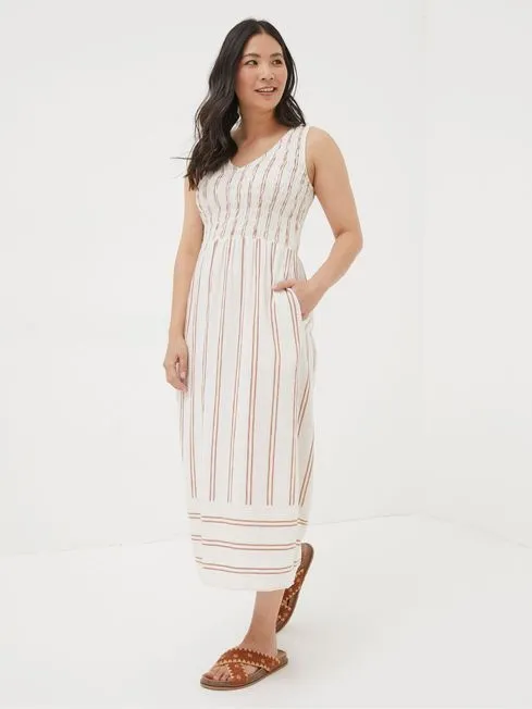 Women Fatface Dresses Aria Natural Stripe Midi Dress With Linen