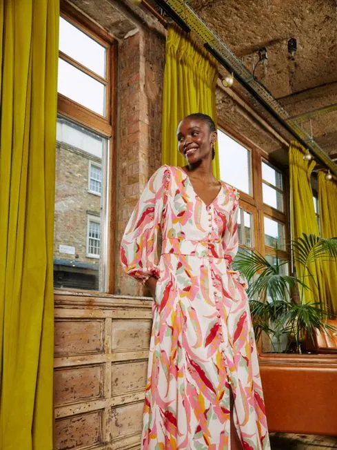 Women Fatface Dresses Peony Pink Painted Leaves Maxi Dress