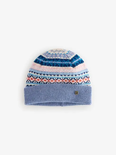Women Fatface Hats Blue Lambswool Fairisle Beanie Hat