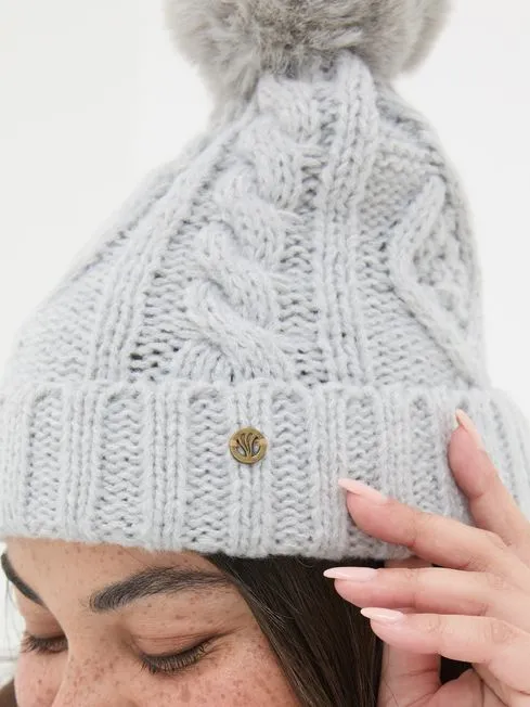Women Fatface Hats Grey Billie Cable Bobble Hat Women Fatface Hats Grey Billie Cable Bobble Hat