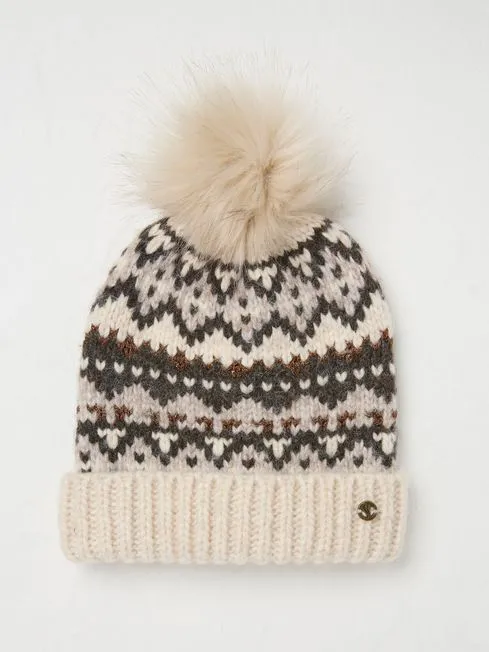 Women Fatface Hats Ivory Fairisle Bobble Hat