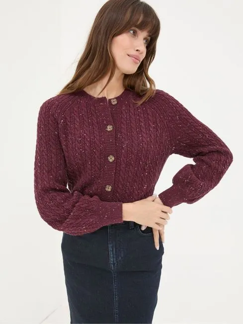 Women Fatface Knitwear Chloe Dark Red Cable Knit Cardigan