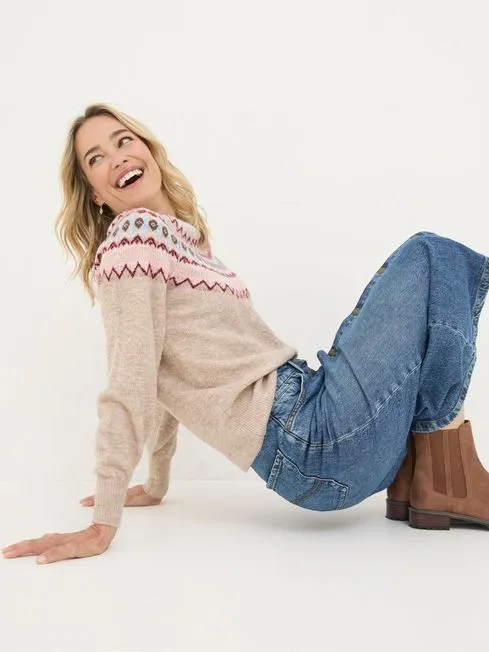 Women Fatface Knitwear Wild Natural Fairisle Yoke Jumper