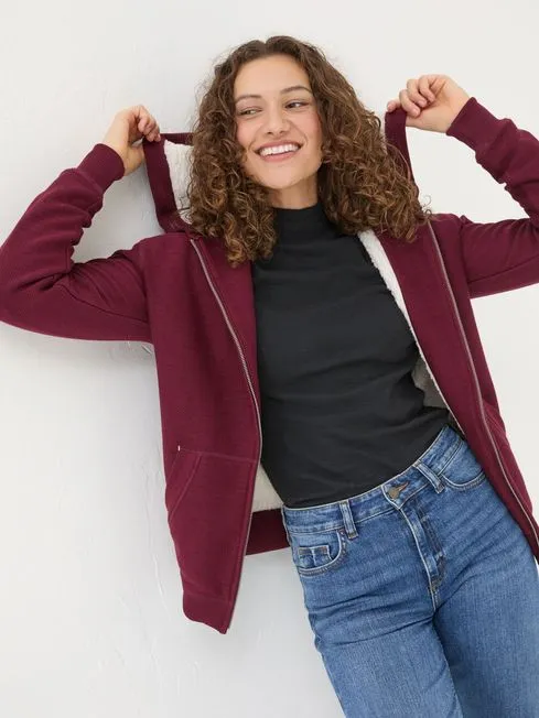 Women Fatface Loungewear Amy Dark Red Nep Borg Lined Zip Through Hoodie