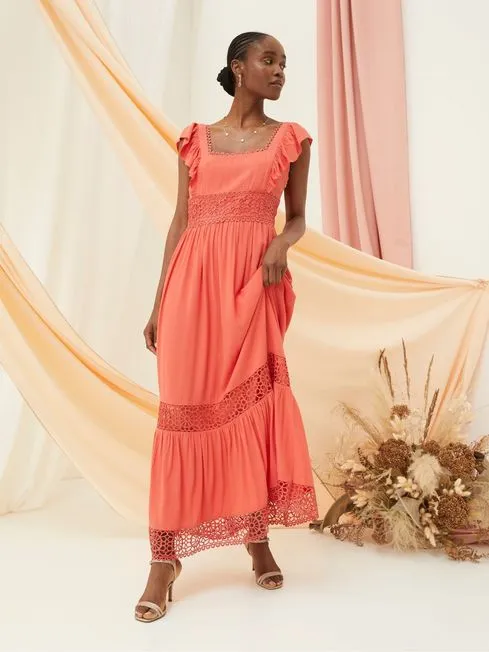 Women Fatface Maxi Dresses Pink Hibiscus Lace Maxi Dress