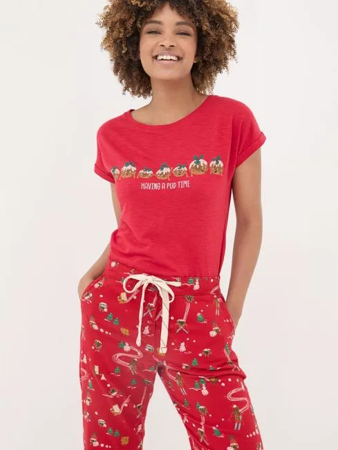 Women Fatface Pajamas and Nightwear Christmas Pudding Red Pyjama Top