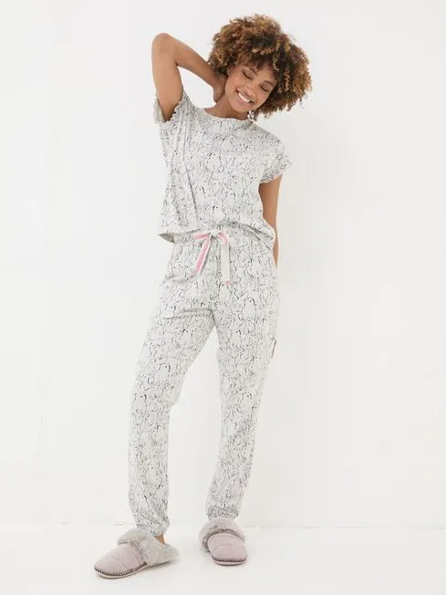 Women Fatface Pajamas and Nightwear Grey Rabbit 100 Cotton Pyjama Set