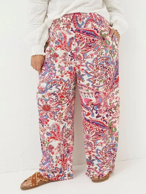 Women Fatface Pants and Leggings Natural Shirred Bright Paisley Palazzo Trousers