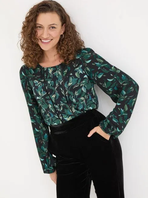 Women Fatface Shirts and Blouses Black Dark Skies Charlee Leaves Top