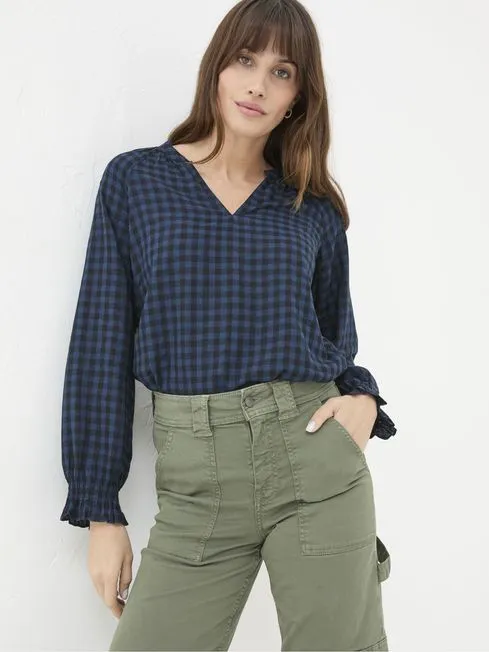 Women Fatface Shirts and Blouses Pacey Blue Pacey Gingham Blouse