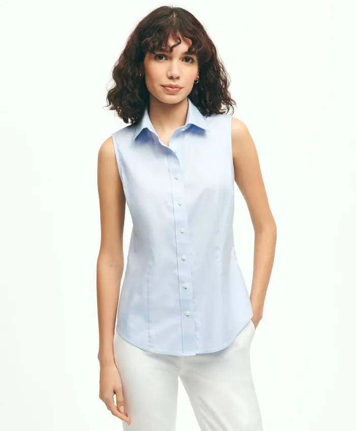 Women Fitted NonIron Stretch Supima Cotton Sleeveless Dress Shirt Light Blue Brooks Brothers Blouses and Shirts Women Fitted NonIron Stretch Supima Cotton Sleeveless Dress Shirt Light Blue Brooks Brothers Blouses and Shirts