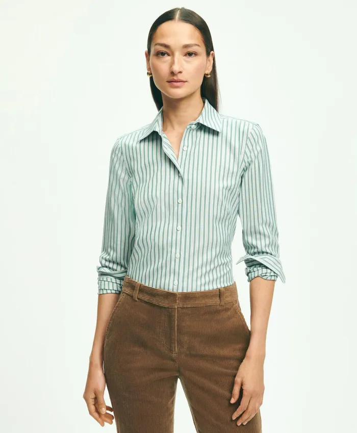 Women Fitted Stretch Supima Cotton NonIron MultiStripe Dress Shirt Green Brooks Brothers Blouses and Shirts Women Fitted Stretch Supima Cotton NonIron MultiStripe Dress Shirt Green Brooks Brothers Blouses and Shirts