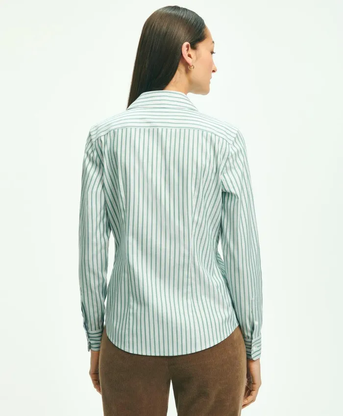 Women Fitted Stretch Supima Cotton NonIron MultiStripe Dress Shirt Green Brooks Brothers Blouses and Shirts