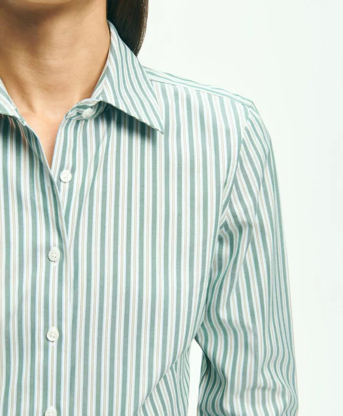 Women Fitted Stretch Supima Cotton NonIron MultiStripe Dress Shirt Green Brooks Brothers Blouses and Shirts