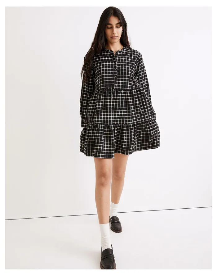 Women Flannel Button Placket Tiered Mini Dress In Windowpane True Black Madewell Dresses