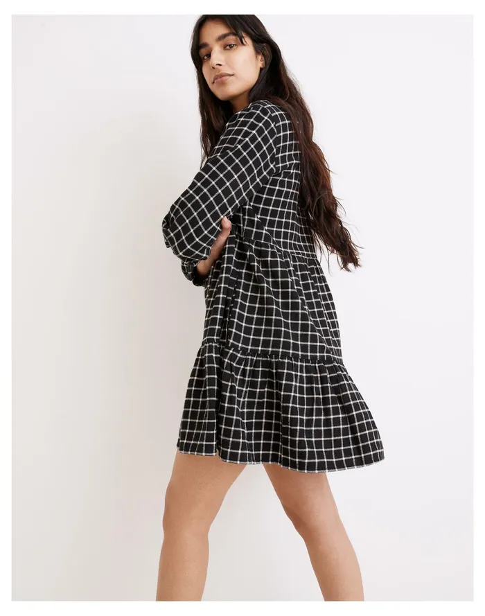 Women Flannel Button Placket Tiered Mini Dress In Windowpane True Black Madewell Dresses Women Flannel Button Placket Tiered Mini Dress In Windowpane True Black Madewell Dresses