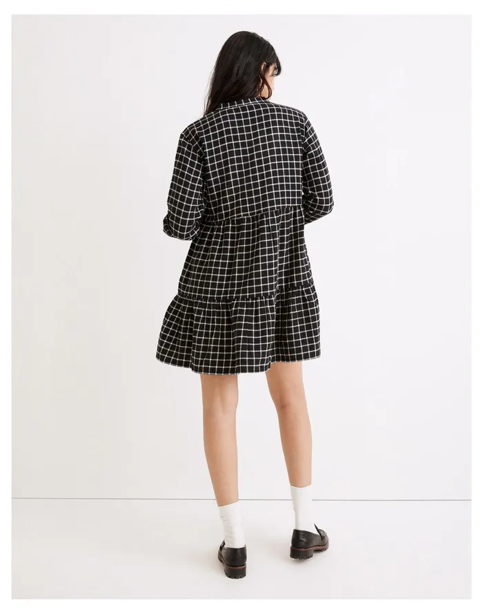 Women Flannel Button Placket Tiered Mini Dress In Windowpane True Black Madewell Dresses Women Flannel Button Placket Tiered Mini Dress In Windowpane True Black Madewell Dresses