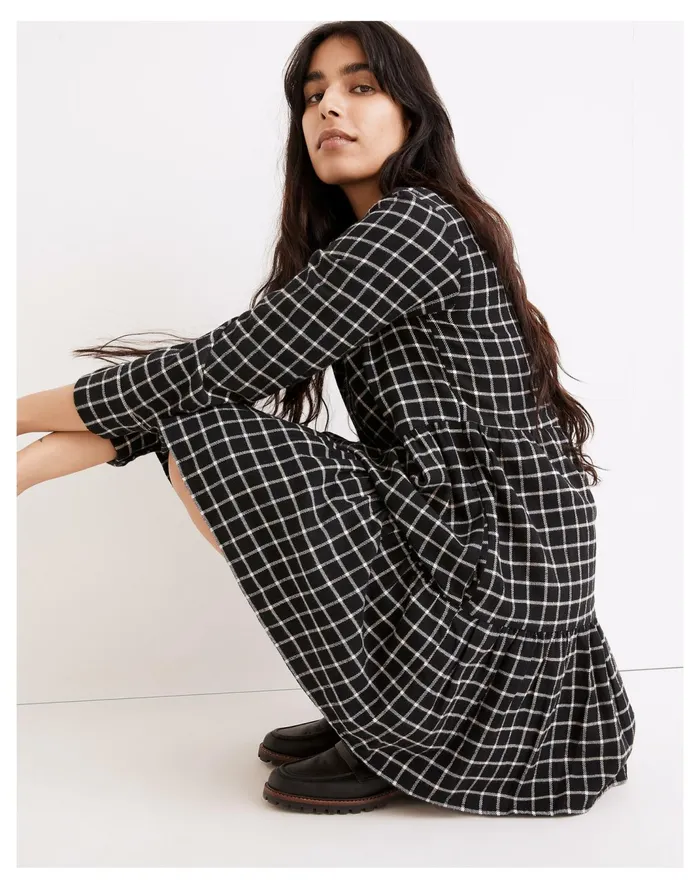 Women Flannel Button Placket Tiered Mini Dress In Windowpane True Black Madewell Dresses Women Flannel Button Placket Tiered Mini Dress In Windowpane True Black Madewell Dresses
