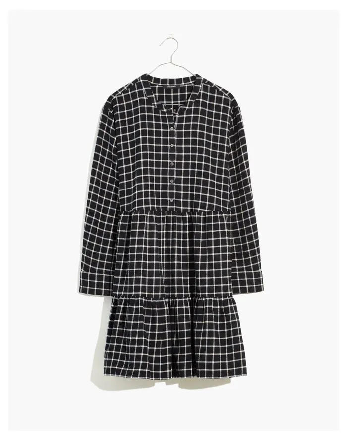 Women Flannel Button Placket Tiered Mini Dress In Windowpane True Black Madewell Dresses Women Flannel Button Placket Tiered Mini Dress In Windowpane True Black Madewell Dresses