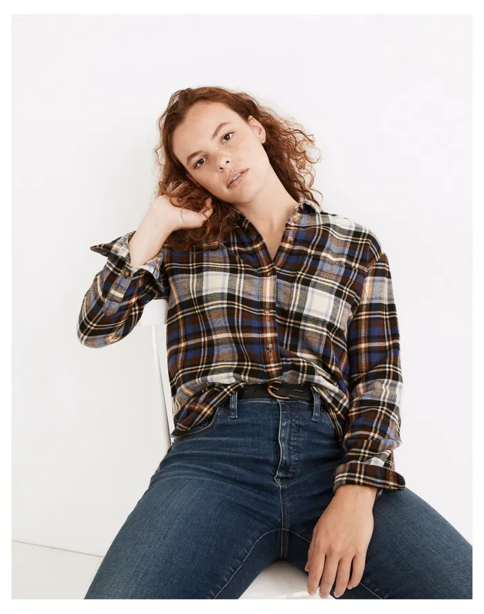 Women Flannel Oversized Ex Boyfriend Shirt In Fuller Plaid Blue Tartan Plaid Madewell Tops and Shirts