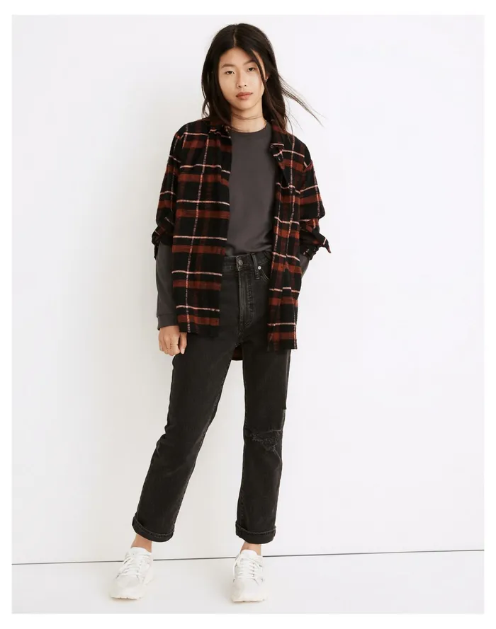 Women Flannel Sunday Shirt In Evins Plaid True Black Madewell Tops and Shirts Women Flannel Sunday Shirt In Evins Plaid True Black Madewell Tops and Shirts